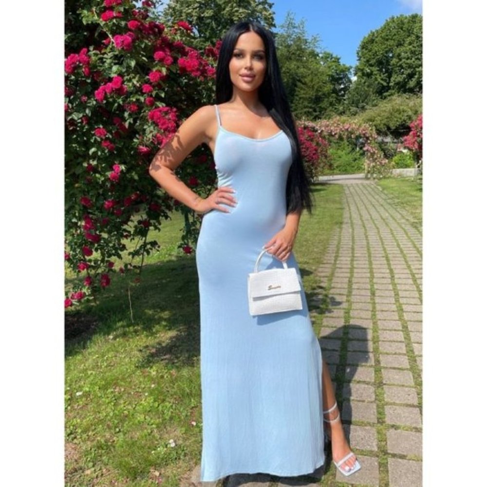 Blue Sleeveless V-Neck Side Slit Bodycon Long Maxi Dress Sundress - Picture 4 of 7